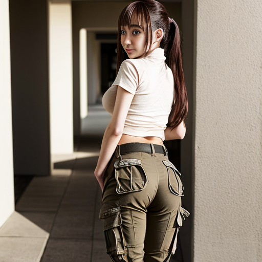a anime girl with beige cargo pants turning around


