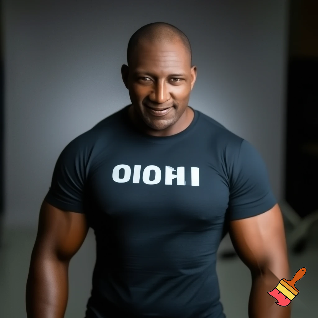 Make   A photo of a guy named Emil who is a gigachat and super strong his name shall be on his shirt and it’s Emil his name is EMIL