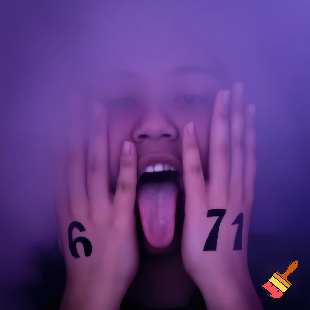 The number  6 7 on a person's hands while the person's mouth hangs open in a weird unlocked position. Make it to where we can see the persons full face, and put a purple haze around everything.