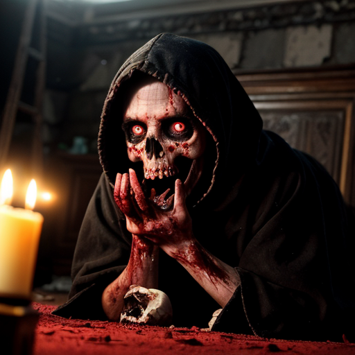 Photorealistic horror scene captured as a raw crime-scene photograph, ultra-detailed 8k cinematic still, dimly lit gothic Victorian hallway with peeling wallpaper and ornate wood paneling, thick eerie green-blue fog rolling across the blood-soaked Persian rug in the center, two young female corpses lying side-by-side on the floor, bodies tightly wrapped in stained bloody bandages and gauze soaked dark red with fresh and dried blood, exposed pale skin showing livor mortis and early decomposition, long dark matted hair splayed out, lifeless faces with eyes half-open and glassy, severe wounds and blood pooling around them, ritualistic arrangement, at the far end of the corridor stands a tall menacing demonic entity resembling Baphomet or Satan, 7-8 feet tall, wearing tattered black hooded cloak with frayed edges, large curved goat-like horns protruding from hood, glowing intense red demonic eyes piercing through shadows, snarling fanged mouth visible, clawed hands extended, cloven hooves partially visible under robe, surrounded by thick swirling mist and low-lying smoke, mounted animal skulls with long horns (goat/bull) on the walls, flickering candlelight from multiple black candles on small antique tables and floor, scattered human skulls and occult debris, arterial blood splatters on walls, heavy atmosphere of occult ritual and death, shot on Canon EOS R5 with 35mm f/1.4 lens, shallow depth of field, sharp focus on foreground bodies and demon face, realistic skin textures pores veins blood viscosity, practical lighting with harsh shadows and rim light, HDR, no stylization, pure hyperrealistic forensic horror photography, documentary style, --ar 3:2 --v 6 --stylize 150 (or lowest) --q 2