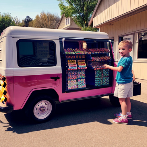a free candy van with little kids hanging outside of it 