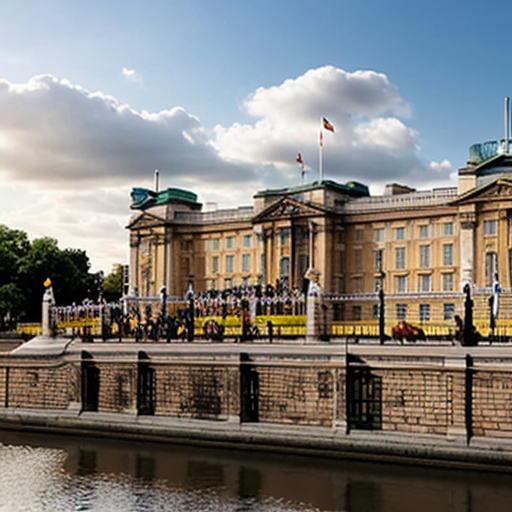 Buckingham palace but the building is yellow and rubbery in appearence, similar to a rubber duck. The building itself has duck like features such as a bill. This image will not include actual ducks but the building itself has a ducklike appearence
