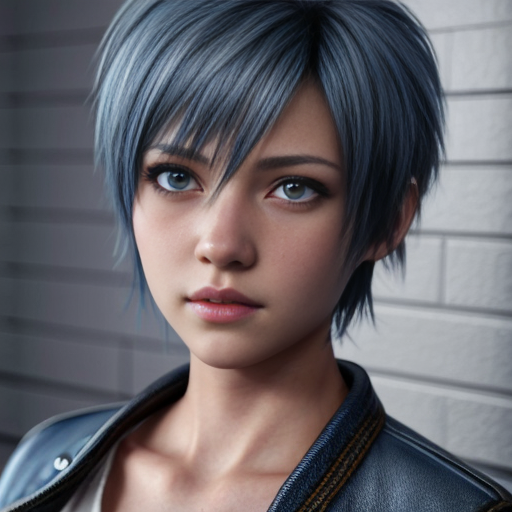 Simple anime. Female. Short blue hair in a short pixie cut. Blue eyes. Head shot.