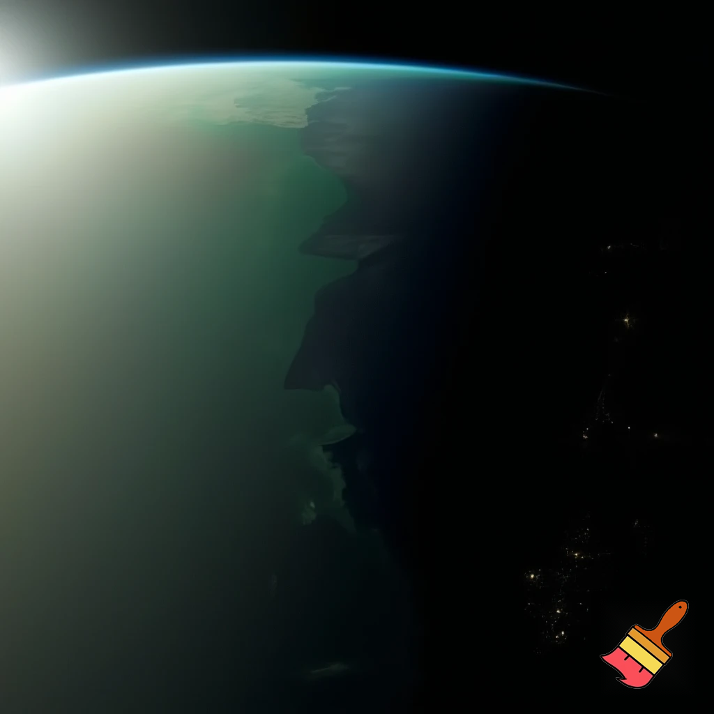 “Show Earth from space with focus on the terminator zone — the narrow band between the blazing day side and frozen night side. Highlight subtle movement of life toward this region: faint lights, human settlements, and greenish tones appearing only along the thin band. The rest of the planet looks hostile. Cinematic, realistic, symbolic of survival.”