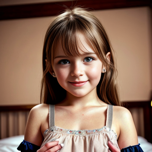 finnish brunette little girl at night dress, very beautiful and eager, on the bedroom, brown eyes