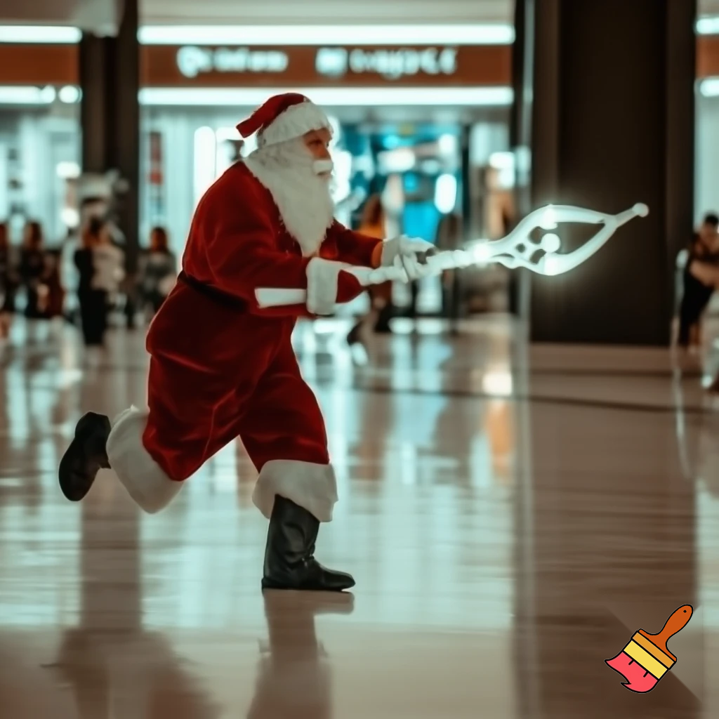 Santa Claus running with the walking stick running with his magic walking stick walking in the shopping centre with the walking stick magic staff walking stick