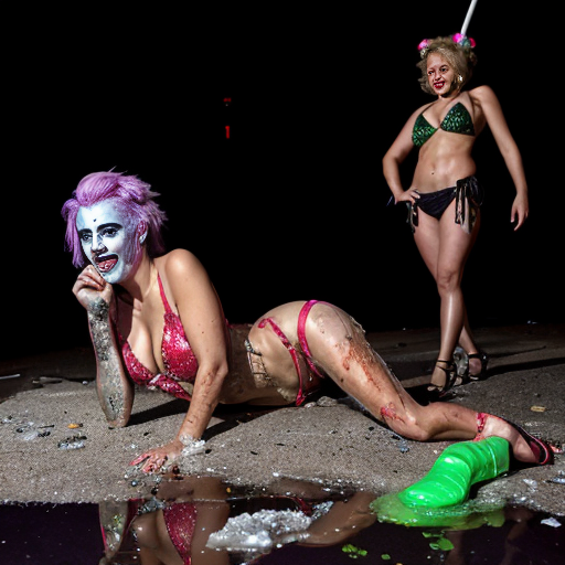 a grotesque yet mesmerizing tableau of absolute debauchery—a neon-lit backyard party where hell itself seems to have RSVP'd. A towering, rusted statue of Satan looms at the center, its hollow eyes dripping black ichor onto a pile of broken liquor bottles and half-eaten fast-food wrappers. Around it, elderly women in frayed, sequined bikinis lounge on plastic lawn chairs, their sagging skin mottled with bruises and cocktail umbrellas stabbed into their limbs like macabre decorations. Drunken clowns in smeared makeup stagger through the scene, one vomiting iridescent pink vomit into a kiddie pool filled with murky vodka, while another absentmindedly juggles his own severed fingers. The ground is a sticky mosaic of blood, spilled schnapps, and glitter, with a severed foot still wearing a stiletto propped against a cooler overflowing with ice and… are those teeth? The air shimmers with the stench of gasoline, cheap perfume, and rotting meat, as a deflating balloon animal slowly dissolves into a puddle of acid-green ooze.