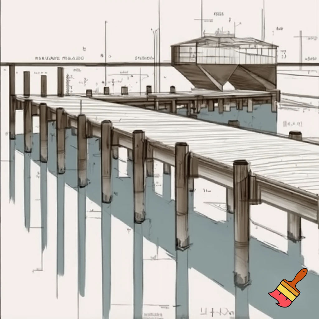 A construction sketch of a dock over a small pond with 18 pilings and a  terminal shaped end over the water 