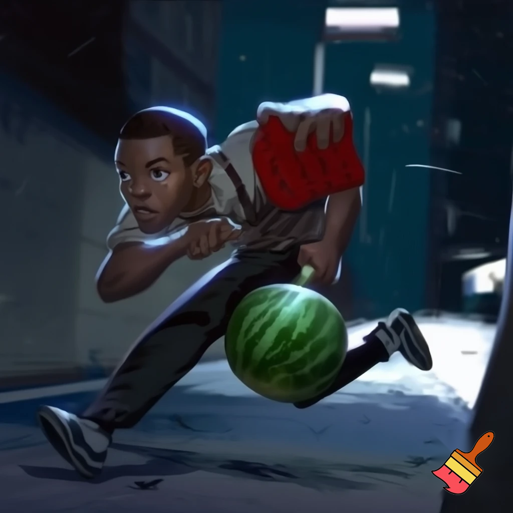 black guy running from cops with stolen watermelon