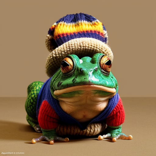 A laughable, puzzled animal toad in woolen, multicoloured winter clothings with woolen, funny winter cap. Hyperrealistic art style.