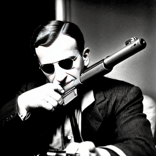 a picture of al copone  with a tommy gun in the 20s looking like a gangster
