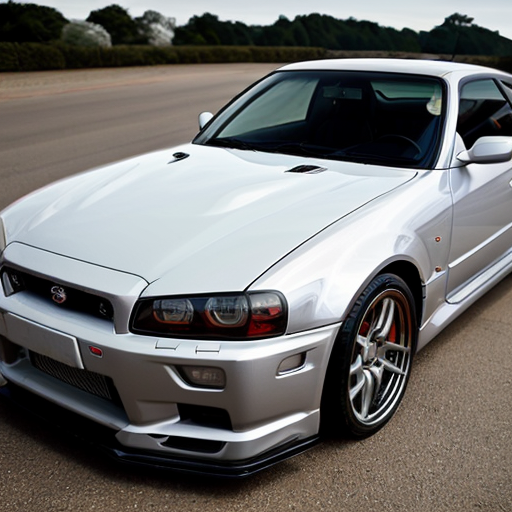 A Nissan skyline R34 and it's logo on the top left corner and the specifications and the top speed 