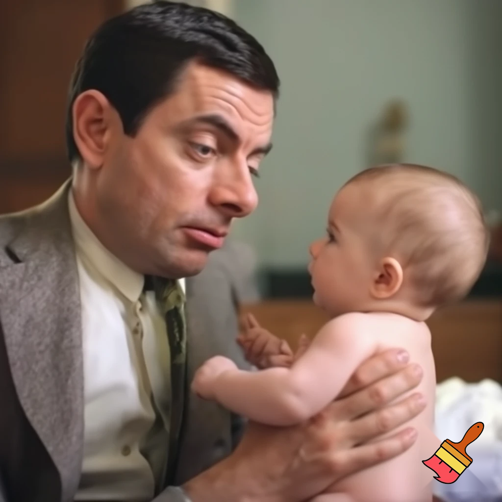 photo of mr bean and a baby
