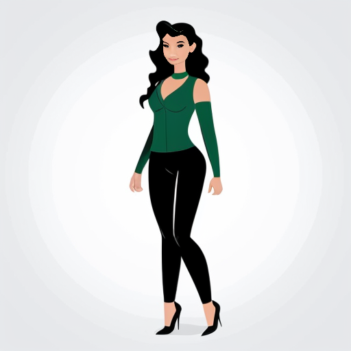 a woman with mid-length hair green to black with superpowers full body