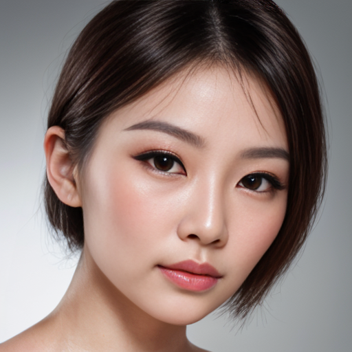 年轻东亚女性肖像，鹅蛋脸配柔和下颌线，小巧尖下巴带浅美人沟，饱满苹果肌，大而圆的杏眼，明显开扇型双眼皮，扇形浓密上睫毛8-10毫米，下睫毛稀疏，尖锐内眼角微钩，外眼角上扬5-10度，暖琥珀棕色瞳孔带明显高光，突出月牙形卧蚕，自然弧形平直眉，深棕黑色发色，鼻梁挺直微驼峰，水滴形鼻头软组织丰厚，鼻唇角90度，饱满嘴唇明显唇峰，上下唇比例2比3，自然粉色渐变唇色，嘴角自然或微下垂，零毛孔瓷肌，冷调一白肤色，太阳穴隐约可见血管，黑色长直发配空气感薄刘海，鬓角修饰下颌线，面部肌肉完全放松，失焦梦幻眼神，清纯疏离交织表情，45度角柔和摄影棚打光，浅景深，85毫米镜头人像摄影，超写实，8K画质，皮肤纹理细节
