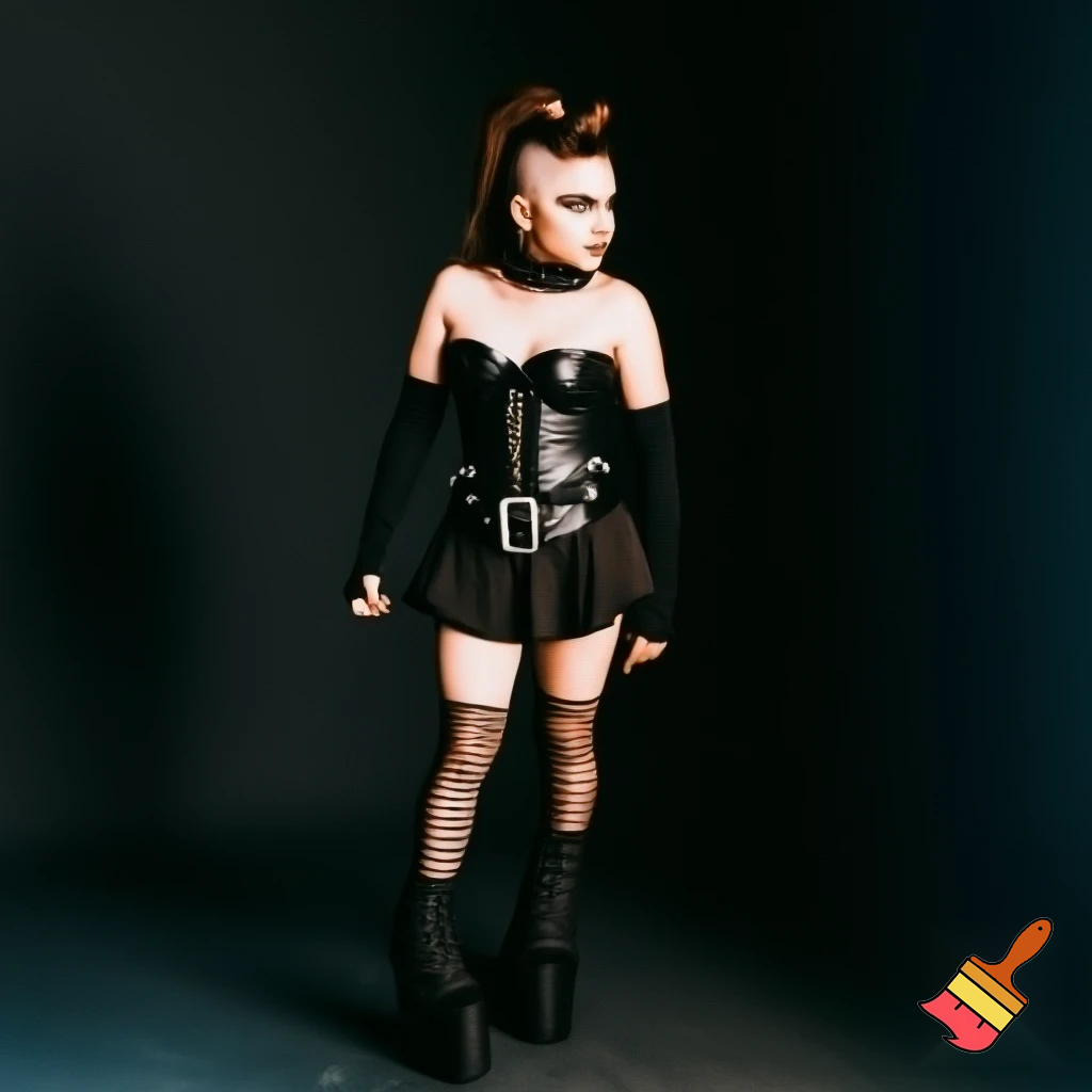 Attractive woman with an undercut in a ponytail and bold makeup wearing a spiked collar, arm warmers, a corset, a body belt, a pleated skirt, vertical striped stockings and platform boots 