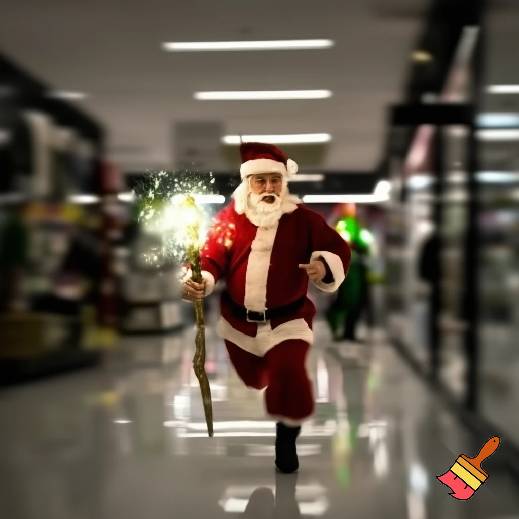 Santa Claus running with the walking stick running with his magic walking stick walking in the shopping centre with the walking stick magic staff walking stick affectation the police are on the way the police elf on the shelf the naughty Santa Claus