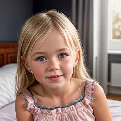 swedish blonde little girl  at night dress, very beautiful, on the bedroom, close up