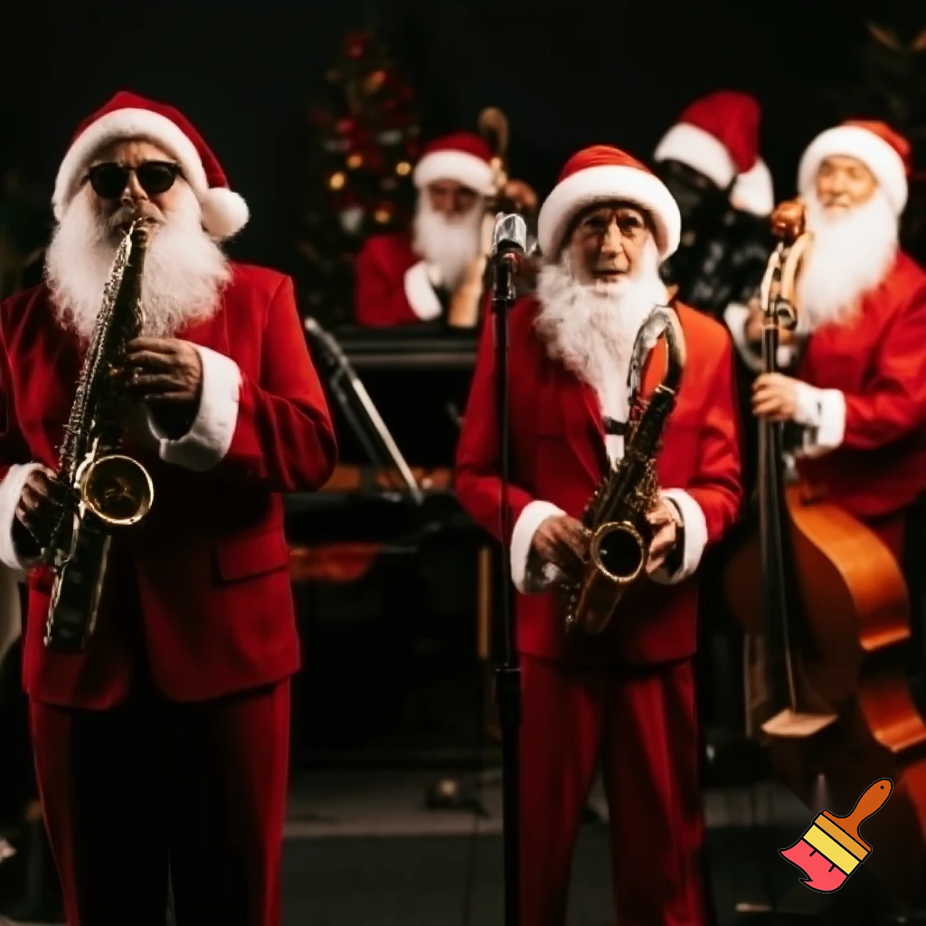 “Professional studio photo of a jazz band performing on stage, all musicians dressed in full Santa Claus costumes (red suits, white beards, hats). Warm cinematic lighting, Christmas decorations in the background, vintage microphones and instruments (saxophone, double bass, piano, drums). Atmosphere elegant, festive, stylish. Ultra-realistic, high-resolution, 16:9 composition.”