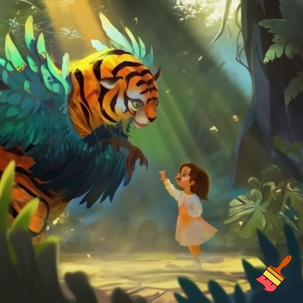 A little girl trying to touch a tigerparrot