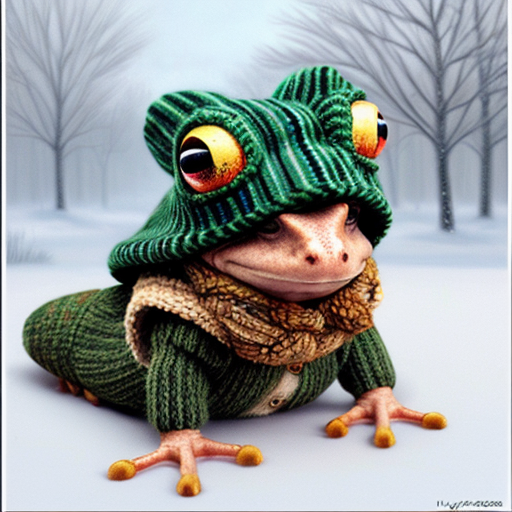 A laughable, puzzled animal toad in woolen, multicoloured winter clothings with woolen winter cap. Hyperrealistic art style.