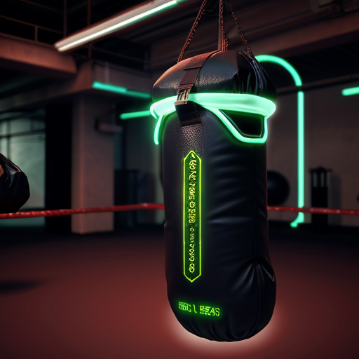 Futuristic AI-powered smart boxing bag, cyberpunk aesthetic, black carbon fiber and kevlar body, glowing 360° holographic LED impact zones, dynamic light pulses reacting to invisible strikes, advanced biomechanical sensor network visible beneath semi-transparent outer layer, floating digital HUD interface projections around the bag, high-tech combat training environment, dark neon gym, blue and red rim lighting, cinematic cyberpunk atmosphere, ultra detailed, hyper realistic, 8k, volumetric lighting, dramatic shadows, concept art, Unreal Engine render
