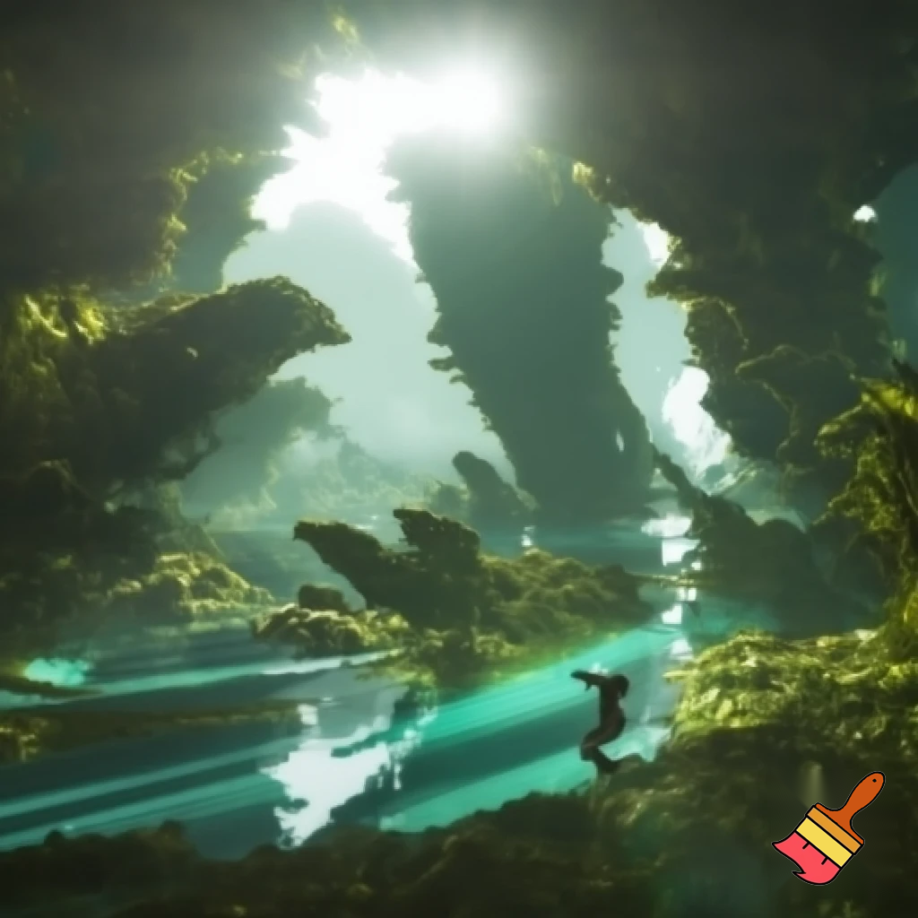 First glimpse of alien paradise — huge engineered trees humming, shimmering transparent rivers, empty paradise with no fauna, human-like figure rising above ground mid-leap (unexpected anti-gravity), dynamic motion blur, sunlight flares, cinematic wide shot, vivid greens and turquoise, high detail.

Settings / Steps:

Aspect ratio 16:9.


Lighting: intense backlight with rim highlights on foliage.

Keep environment lush but eerily empty.


Negative prompt: crowded scene, animals, text, low detail, childish style

Variations: quiet close-up on hand touching tree that hums, leaf-scale macro.
