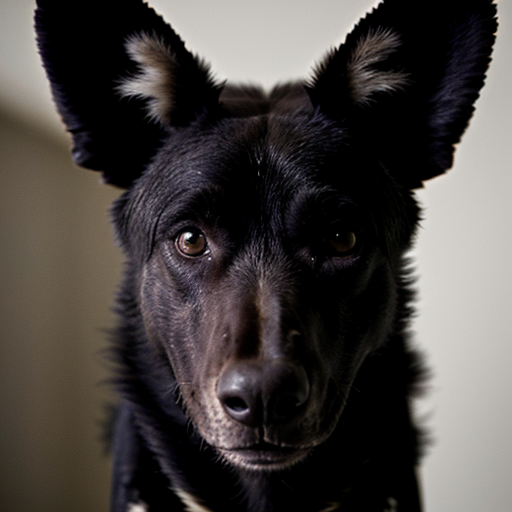 A black wild dog taking a mugshot looking DEADLY, sinister, angry and malicious