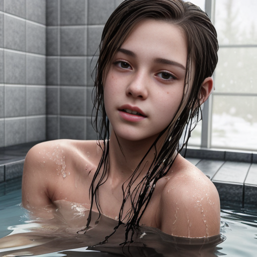 girl teen winter, a showers in red water