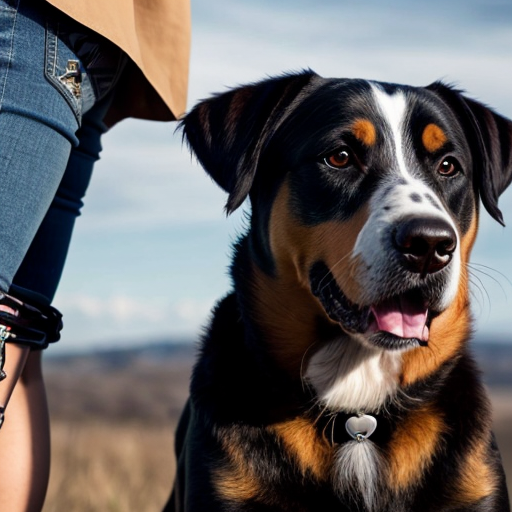 una ragazza con i capelli mossi e marroni e gli occhi azzurri vicino a un cane bovaro del bernese. vestiti techno .sopra la foto scrivi giulia e rock
