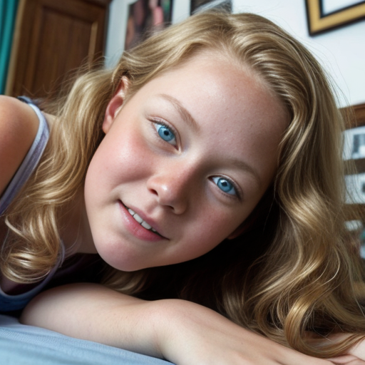 teen ,, , lifelike, portrait, highly detailed, , sharp focus, illustration, art by kittichai  and james gurney and alphonse mucha, ,  with curly blond hair and vibrant blue eyes, photorealistic, at her room, laying
