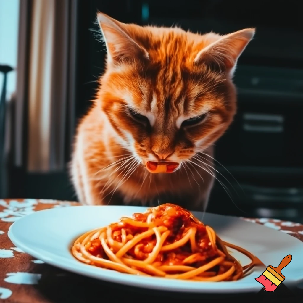 un petit chat roux femelle avec un petit sourire espiegle qui mange dans mon assiette de spaghetti bolognaise a table quand j'ai le dos tourné 