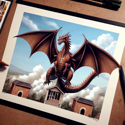 Draw me a mythological dragon flying through the sky above a village, breathing fire on the houses