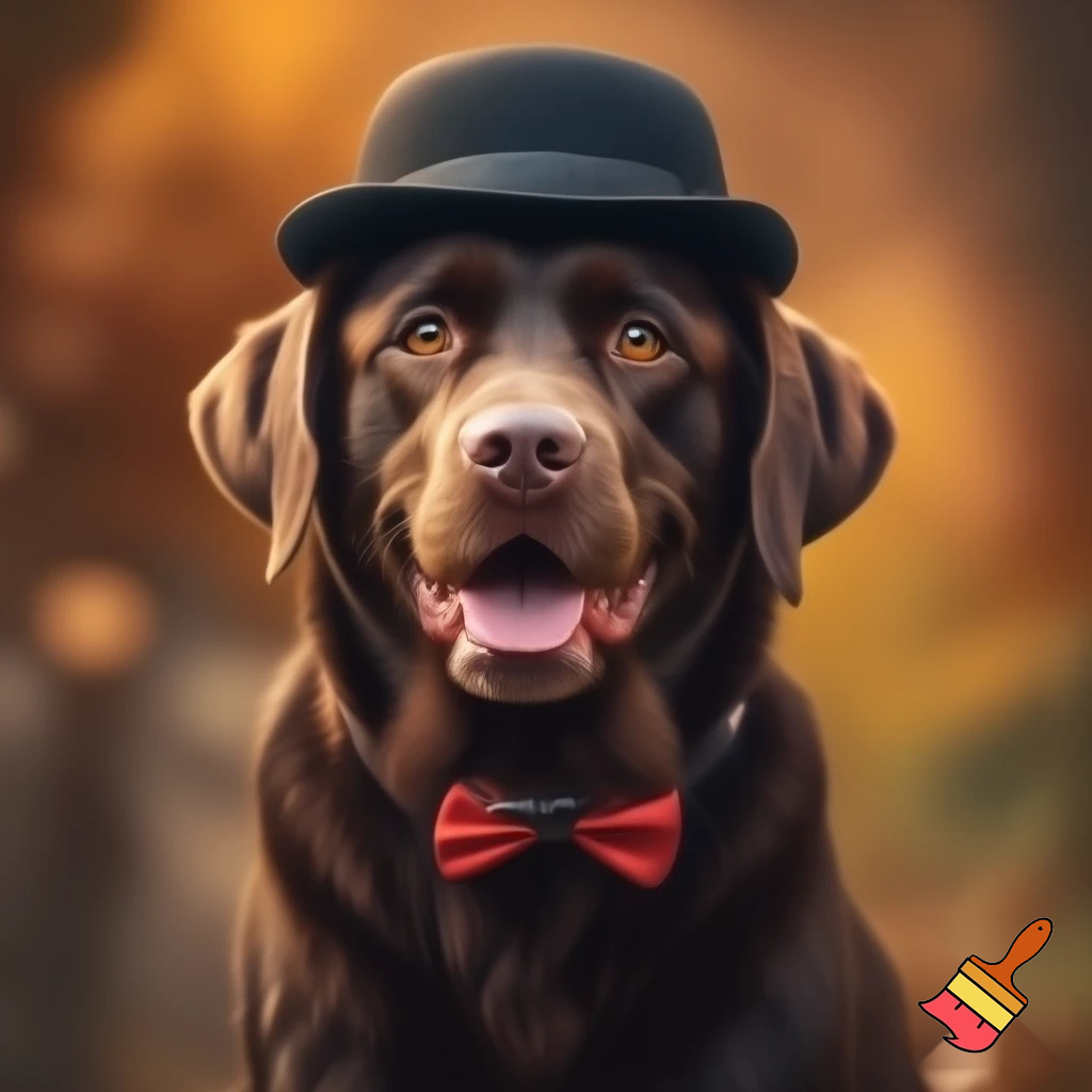 an image of a chocolate lab wearing a bowler hat with a bow tie
