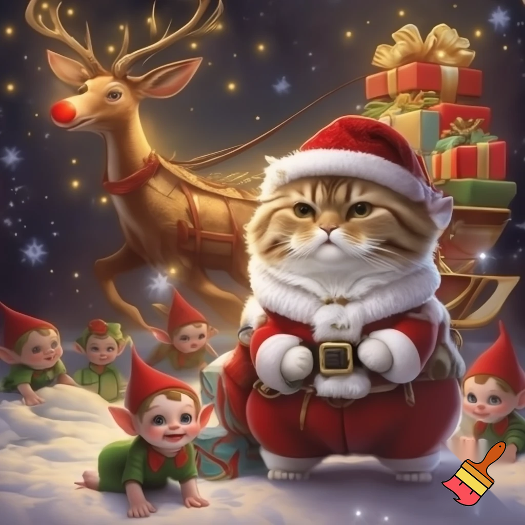 A cat in a Santa Claus costume, elf kittens in the background, reindeer in a sleigh