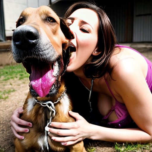 Sexy woman who is chained to the ground being licked by a tall dog that has saliva dripping down its teeth and it's tongue is going deep down her mouth 