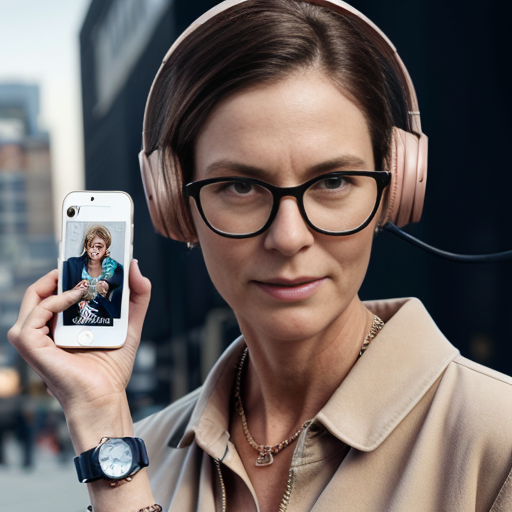 génère moi une femme de 60 ans qui a un brushing cheveux soignés , des écouteurs , elle tient un télephone ,elle porte une paire de basket colorés  , un long manteau beige , un chemisier a fleur rose clair , un jean baggy bleu , une paire de lunettes fines , a son poignet elle porte une montre  , elle porte des bijoux 