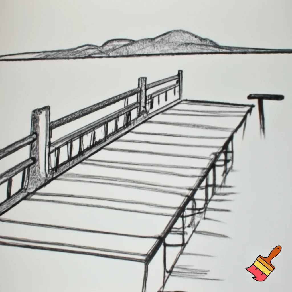 A construction sketch of a dock with railings and a T shaped end over the water 