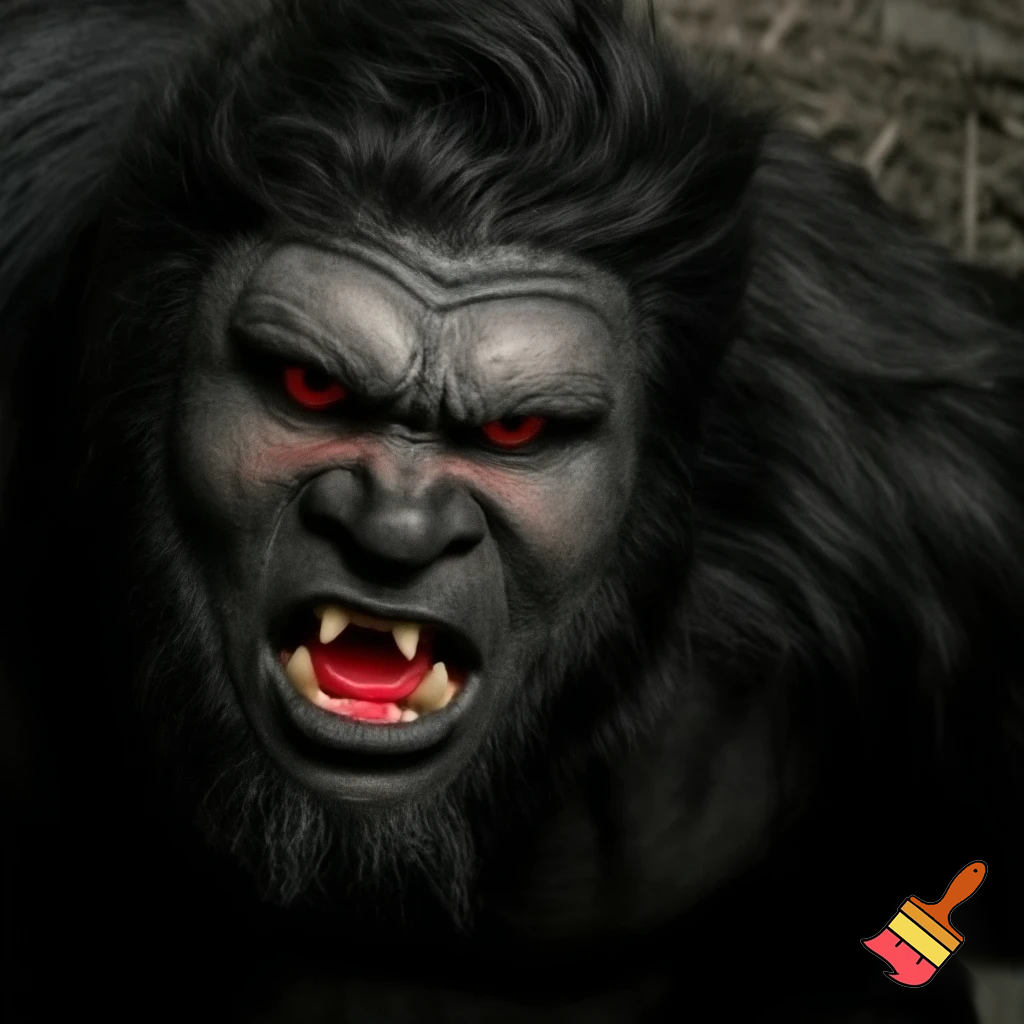 Yeti that kind of looks human is with red eyes, claws and fangs but looks kind 
