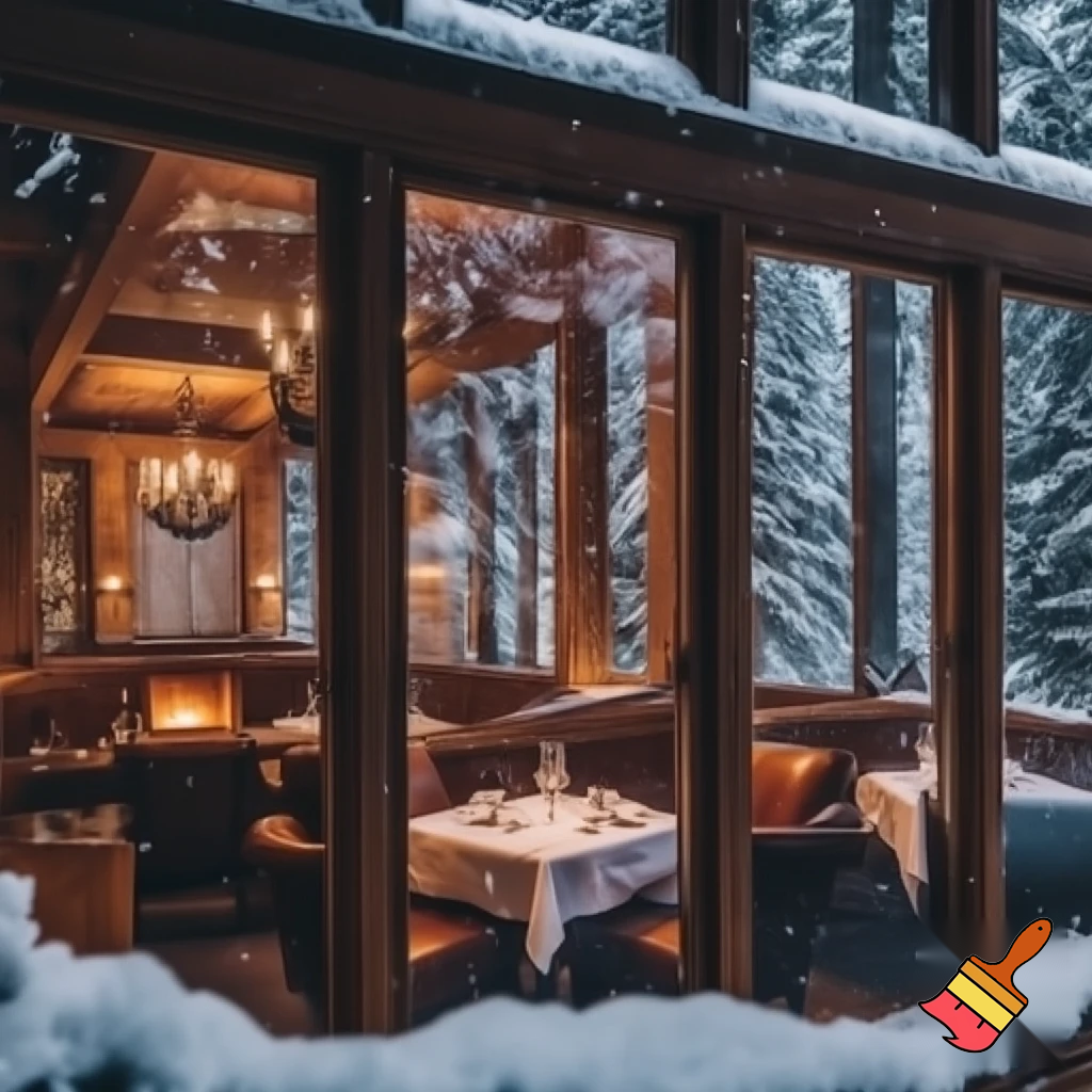Generate a picture of a cozy fancy Steakhouse, in a neighbourhood forest in the winter with a nice and cozy interior shown by the wooden framed windows.