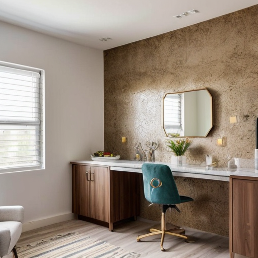 generate an interior picture of a commercial room , 
commercial premises, with a 2.5-meter-long and 2.7-meter-high wall on the left, with 5 4-centimeter-wide pecan-colored boards on the left and right edges of the wall, and black wallpaper with gold-colored thin stripes in between. There is also a 60-centimeter-wide and 2-meter-high decorative panel with a floral pattern, and a 60-centimeter-wide and 2-meter-high mirror. the second wall begins with 50 cm of 4 cm wide pecked walnut-colored slats, followed by a 1.80 m long and 1.3 m high counter with a glass in the middle that is illuminated from the inside with yellow light, then 90 cm of slats that are pecked at regular intervals, and the wall ends with a door that matches the color of the counter. The third wall is covered with decorative plaster. Design this room in a modern and stylish manner.