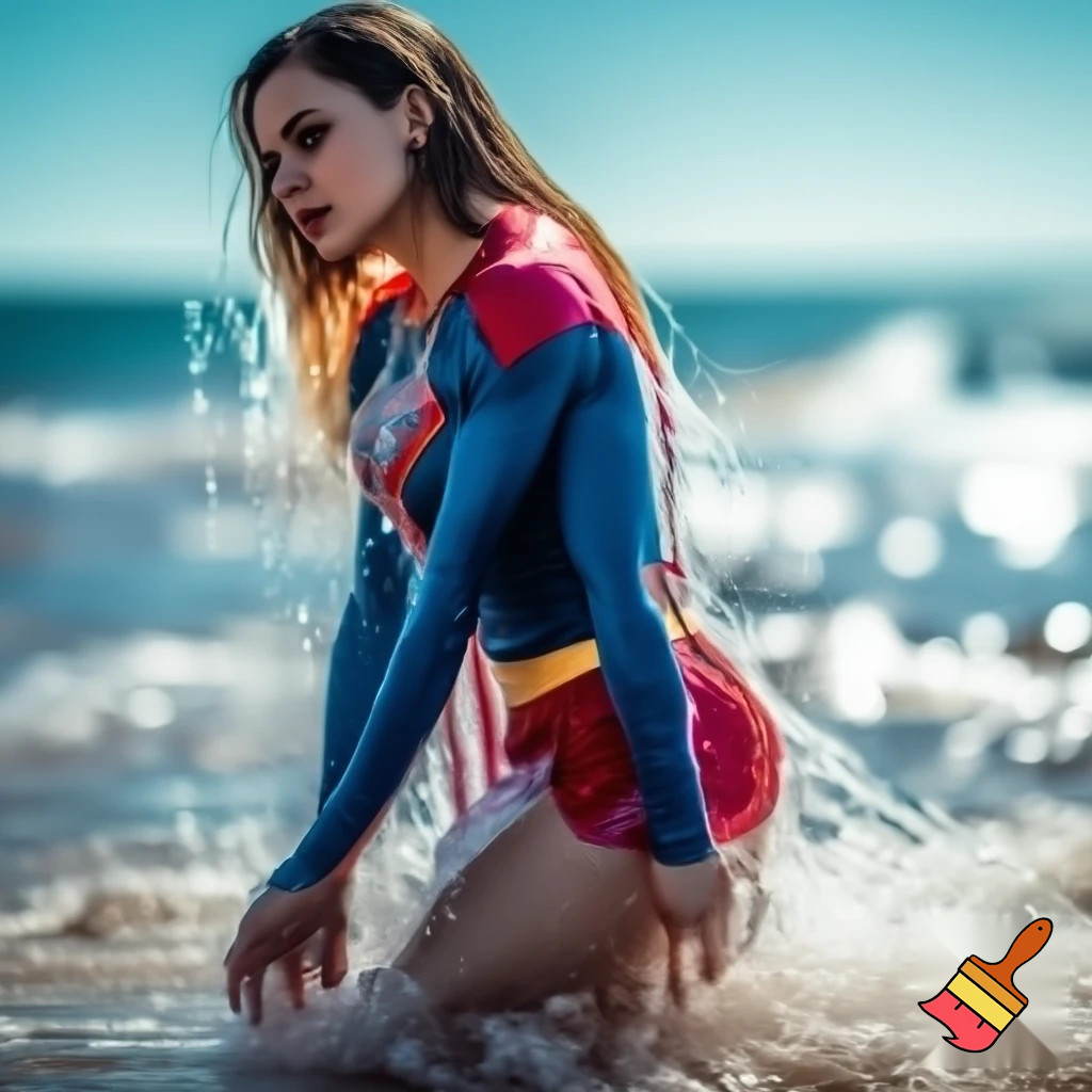 Supergirl right out of the sea in a wet costume 