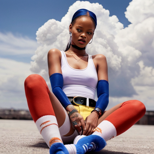 Rihanna orange tanktop belt blue short mini purple socks orange and white sneakers on a sitting Cloud