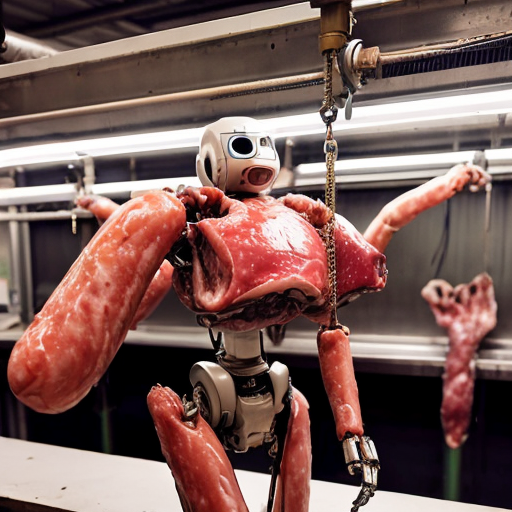 a sprawling, steam-choked industrial meat factory where conveyor belts groan under the weight of pale, segmented human limbs—neatly trimmed thighs, torsos split down the sternum, fingers still twitching as hydraulic claws pluck them into alignment. Gleaming robotic arms, their joints slick with blood-misted grease, methodically disassemble dangling carcasses under the sterile glare of flickering neon lights, their blades humming through flesh with clinical precision. A central vat bubbles with churned viscera, pink froth spilling over as a faceless drone scoops a slurry of ground bone and meat into sterile packaging stamped "GRADE A." In the foreground, a half-skinned face stares blankly from a hook, its jaw slack beside a dangling barcode tag that reads "HARVEST DATE: TODAY." The air shudders with the wet thud of cleavers and the static-laced drone of a synthesized voice repeating, "YIELD OPTIMAL. PROCEED TO PROCESSING