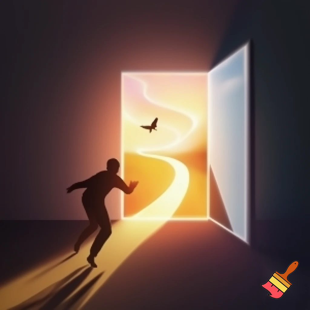 Silhouette ouvrant un écran comme une fenêtre sur un paysage lumineux. Icône symbolique de liberté ou d’émancipation (oiseau, lumière, chemin ouvert).