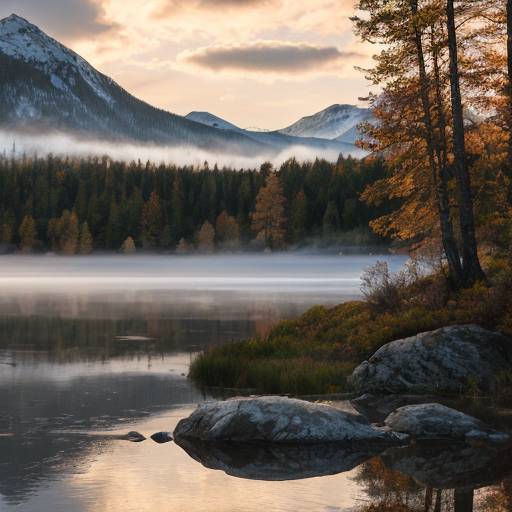 A breathtaking 4K ultra-high-definition landscape wallpaper, photorealistic, shot with a 50mm lens at golden hour. A serene mountain lake reflecting snow-capped peaks and vibrant autumn forests, mist rising gently from the water, soft sunlight breaking through clouds, rich textures in rocks and foliage, cinematic lighting, extremely detailed, sharp focus, no watermark, 16:9 aspect ratio.