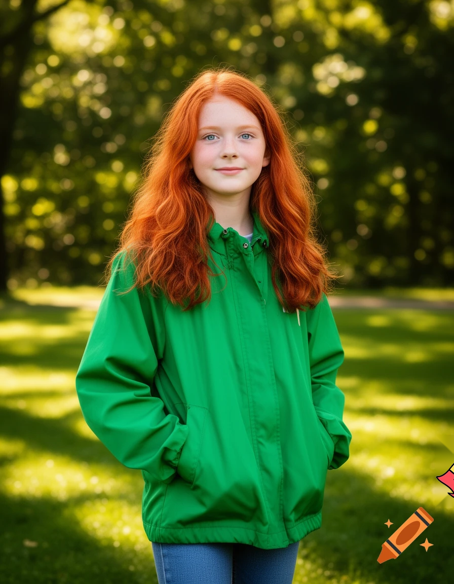 a girl named bailey with red hair a green jacket who is 13 years old 
