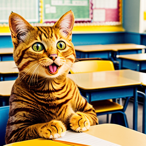 a yellow cat says here in school