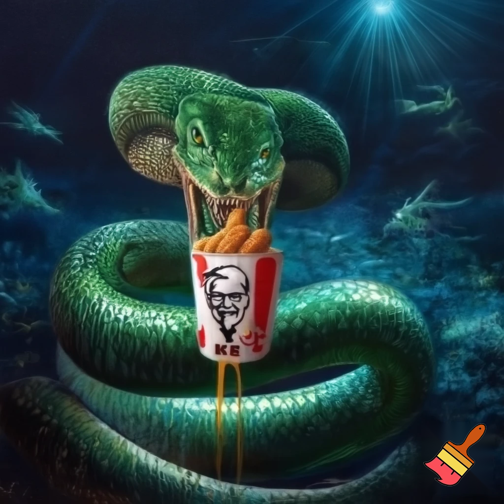 fat snake with human head in the ocean eating KFC
