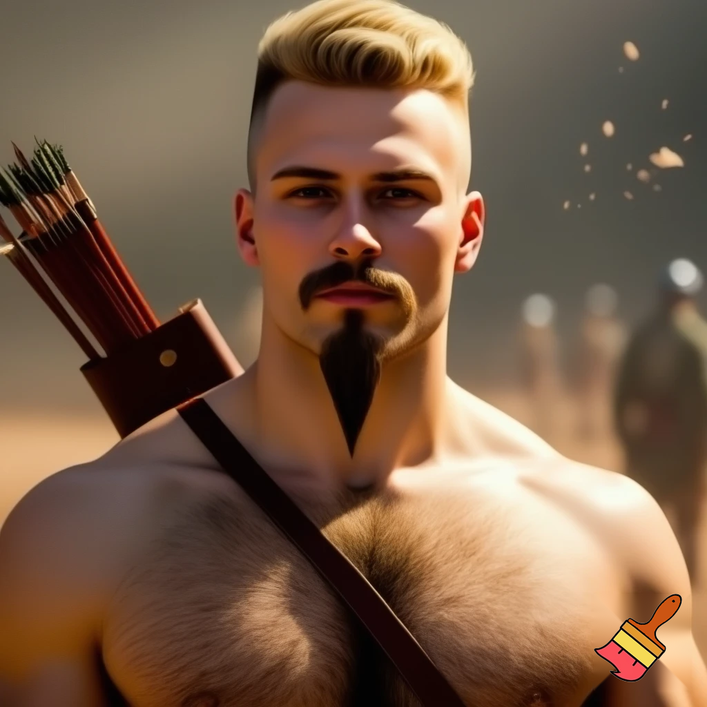 A photograph captures a muscular medieval archer from the chest up, standing shirtless in a bright battlefield setting. He has fair skin, a defined hairy chest, a strong jawline, and a pointed goatee connected to his mustache with clean-shaven cheeks. His blond flattop haircut is slightly longer on top, military-style. A leather quiver full of arrows is slung across his back, and a leather strap crosses his chest. The lighting is warm and natural, with a neutral facial expression and a softly blurred background showing soldiers and dust in the air.
